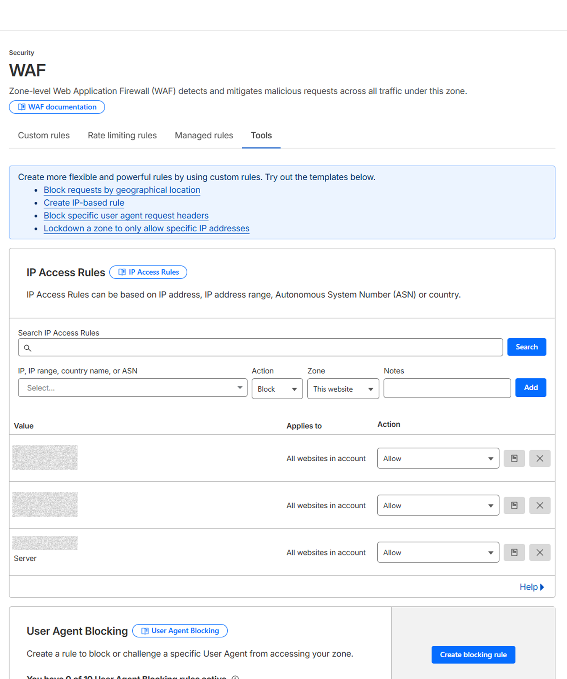 Cloudflare Web Application Firewall dashboard showing IP access rules and security settings.