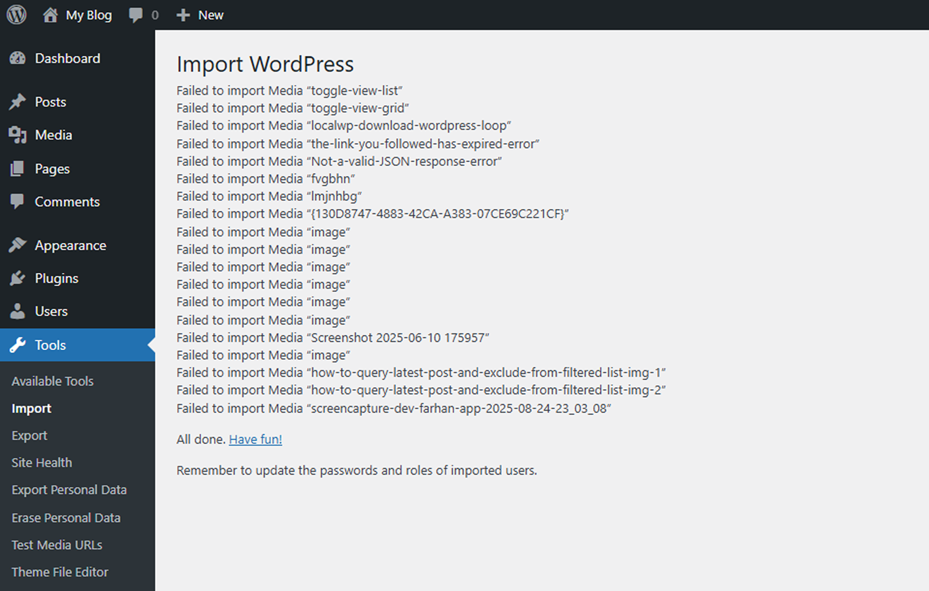WordPress import screen showing multiple media files failing to import during site migration.