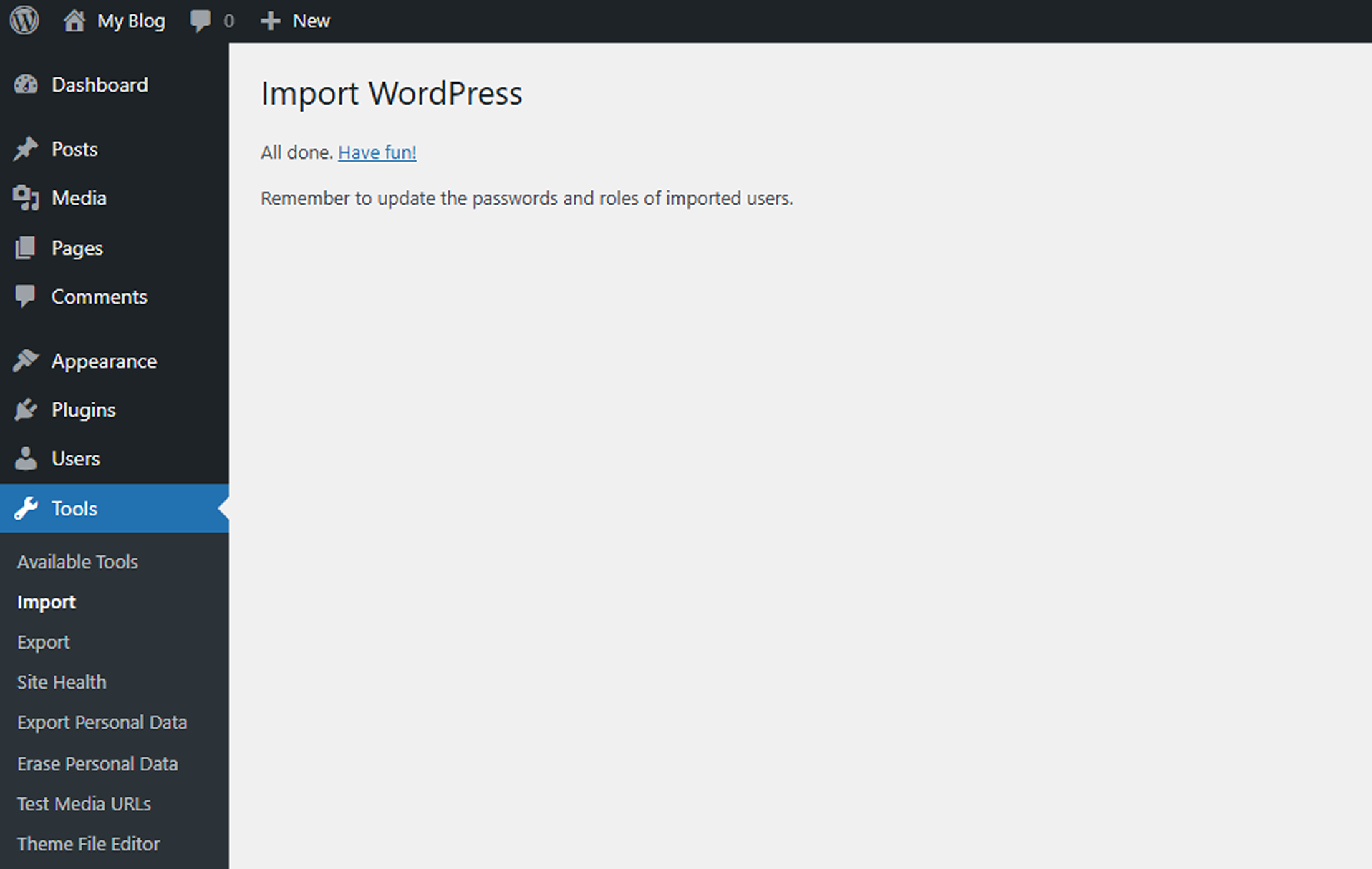 WordPress import completion screen confirming posts and media were imported successfully.