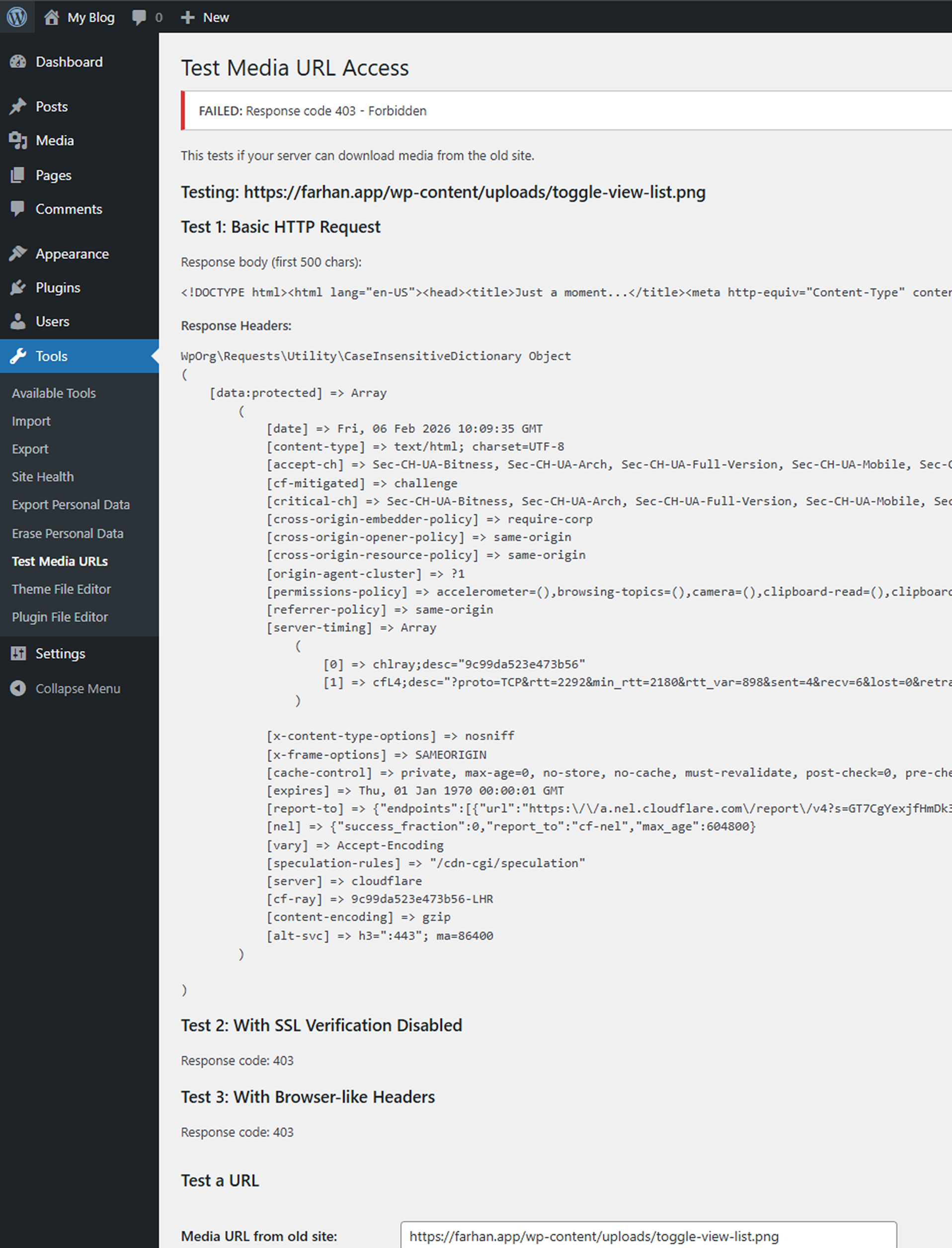 Custom WordPress tool testing media URL access, returning a 403 Forbidden response.