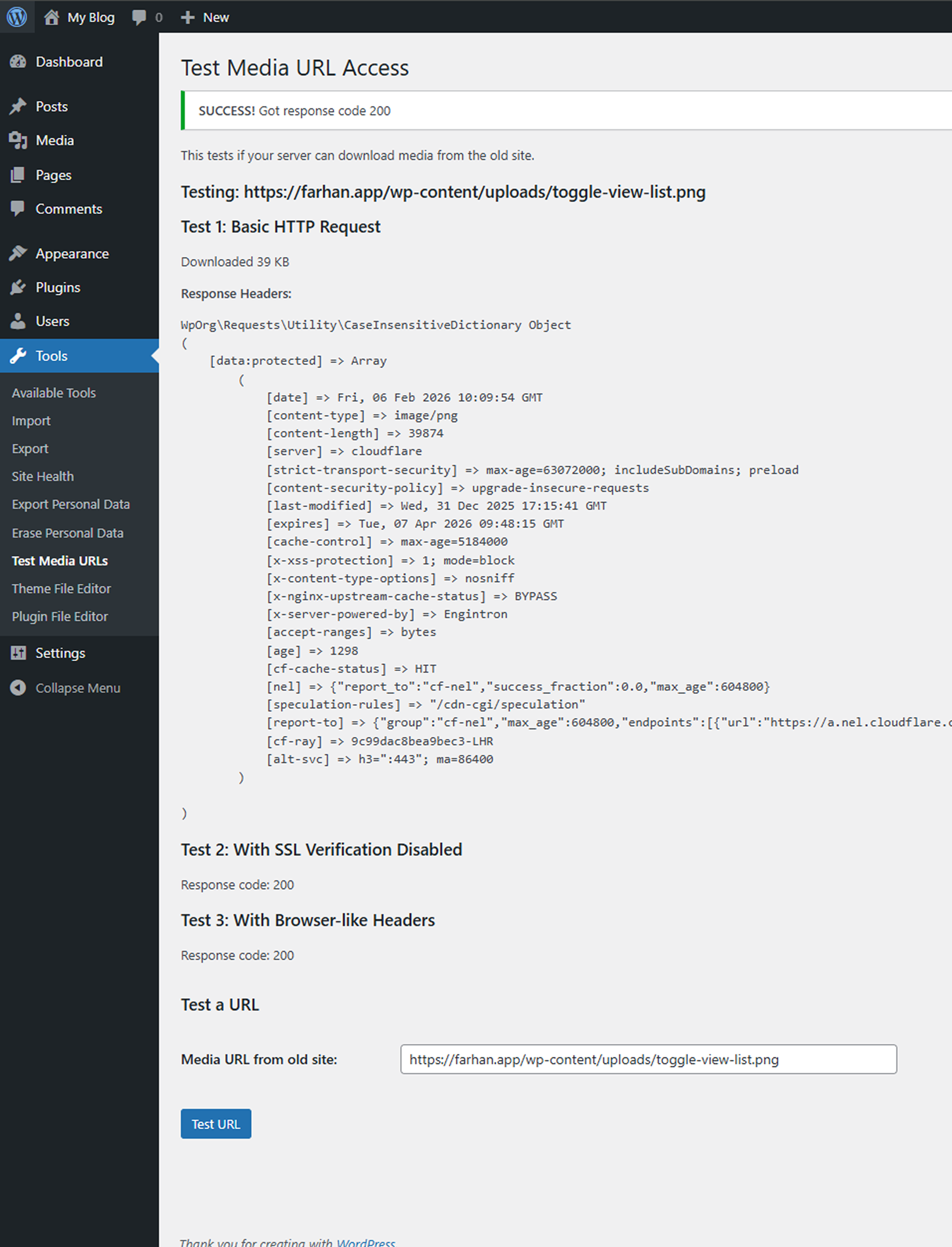 Media URL test tool showing a successful 200 OK response after Cloudflare configuration changes.