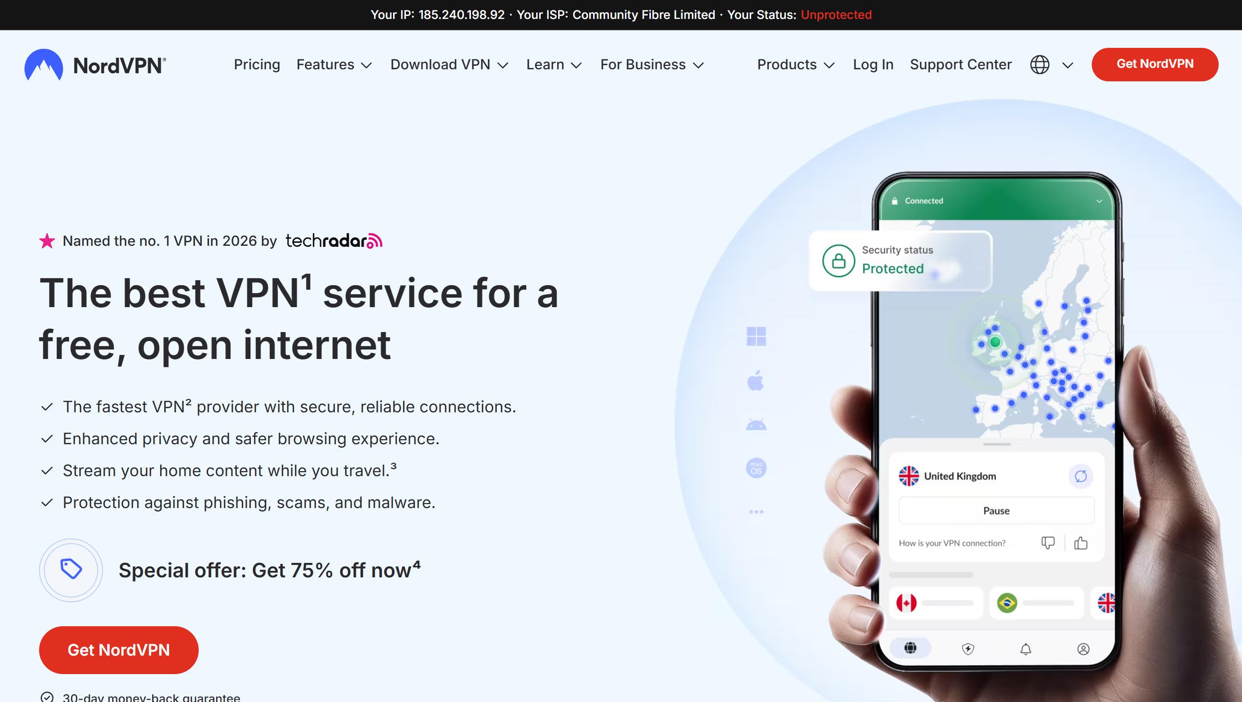 Thumbnail of NordVPN's landing page